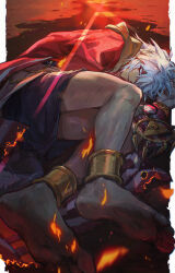 Rule 34 | 1boy, absurdres, ankle cuffs, barefoot, burning, dated commentary, feet, fetal position, fire, full body, half-closed eyes, highres, looking ahead, lying, male focus, millennium ring, multiple scars, on side, parted lips, purple eyes, red robe, robe, scar, scar on face, soles, solo, sparks, tan, touzokuou bakura, white hair, white scars, xiao (creation0528), yu-gi-oh!, yu-gi-oh! duel monsters