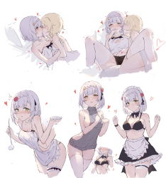 Rule 34 | 2girls, absurdres, apron, bad id, bad pixiv id, black bra, black panties, black skirt, blonde hair, blush, bra, braid, breasts, chinese commentary, cleavage, commentary request, fingering, flower, genshin impact, green eyes, grey sweater, hair flower, hair ornament, hand under clothes, hand up, heart, highres, holding, holding ladle, holding plate, kiss, ladle, large breasts, long hair, looking at another, lumine (genshin impact), maid headdress, medium breasts, multiple girls, multiple views, noelle (genshin impact), panties, plate, red flower, short hair, sideboob, silver hair, simple background, skirt, spread legs, sweater, thighhighs, torn clothes, underwear, waist apron, white apron, white background, white legwear, yajuu, yuri
