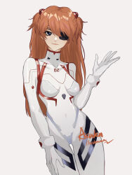 Rule 34 | 1girl, artist request, blue eyes, bodysuit, breasts, brown hair, character name, curvy, evangelion: 3.0+1.0 thrice upon a time, eyepatch, highres, lips, long hair, looking at viewer, medium breasts, neon genesis evangelion, plugsuit, rebuild of evangelion, shiny clothes, simple background, skin tight, smile, solo, souryuu asuka langley, turtleneck, very long hair, white bodysuit, wide hips