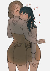Rule 34 | 2girls, blue hair, blush, brown skirt, byleth (female) (fire emblem), byleth (fire emblem), closed eyes, closed mouth, commentary, cowboy shot, fire emblem, fire emblem: three houses, flower, from behind, head on another&#039;s shoulder, high-waist skirt, highres, light brown hair, long hair, long sleeves, looking at another, mercedes von martritz, multiple girls, nintendo, official alternate costume, open mouth, parted bangs, pencil skirt, school uniform, shade, shirt, shirt tucked in, shishima eichi, skirt, smile, standing, turtleneck, white shirt, yuri