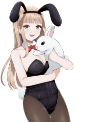 Rule 34 | 1girl, :d, animal, animal ears, bare shoulders, black leotard, blunt bangs, bow, bowtie, breasts, brown eyes, brown hair, cleavage, detached collar, fake animal ears, fake tail, highres, holding, holding animal, large breasts, leotard, long hair, looking at viewer, open mouth, pantyhose, playboy bunny, rabbit, rabbit ears, rabbit tail, red bow, red bowtie, simple background, smile, solo, strapless, strapless leotard, tail, white background, whitesno w