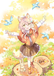 Rule 34 | 1girl, :d, animal, animal ears, autumn leaves, bird, blue flower, blush, boots, brown eyes, brown skirt, capelet, center frills, fang, flower, frilled skirt, frilled sleeves, frills, hair between eyes, hair flower, hair ornament, long sleeves, open mouth, original, outstretched arms, pantyhose, pink flower, pink hair, pleated skirt, rabbit, red capelet, red footwear, shirt, skirt, smile, solo, squirrel, tail, tree stump, wataame27, white pantyhose, white shirt, wolf-chan (wataame27), wolf ears, wolf girl, wolf tail
