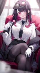 Rule 34 | 1girl, black hair, black jacket, black necktie, black pantyhose, black skirt, blurry, blurry foreground, breasts, candy, collared shirt, commentary, copyright request, curtains, depth of field, deyui, eyewear on head, feet out of frame, food, gloves, gradient hair, grey eyes, heterochromia, highres, holding, holding candy, holding food, holding lollipop, jacket, lollipop, long hair, long sleeves, medium breasts, multicolored hair, necktie, open clothes, open jacket, open mouth, pantyhose, pleated skirt, puffy long sleeves, puffy sleeves, purple eyes, purple hair, saliva, saliva trail, shirt, sitting, skirt, solo, sunglasses, teeth, thighband pantyhose, tongue, tongue out, upper teeth only, very long hair, white gloves, white shirt, window
