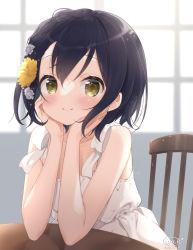 Rule 34 | 1girl, bare arms, bare shoulders, black hair, blurry, blurry background, brown eyes, chair, closed mouth, commentary request, copyright request, dated, depth of field, dress, flower, hair between eyes, hair flower, hair ornament, hands up, indoors, neki (wakiko), signature, sleeveless, sleeveless dress, smile, solo, table, white dress, white flower, window, yellow flower