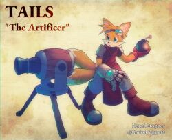 Rule 34 | 1boy, alternate costume, animal ears, animal nose, apron, armor, artist name, blue-tinted eyewear, blue eyes, blue gemstone, body fur, bomb, brown shirt, cannon, character name, english text, explosive, eyewear on head, fantasy, fox boy, fox ears, fox tail, full body, furry, furry male, fuse, gauntlets, gem, glairedaggers, gloves, glowing, goggles, grey-framed eyewear, grey pants, hand up, holding, holding bomb, legs apart, male focus, multiple tails, open mouth, pants, red apron, red footwear, red gloves, serious, shirt, shoes, short sleeves, shoulder armor, simple background, single gauntlet, single glove, solo, sonic (series), standing, tail, tails (sonic), tinted eyewear, twitter username, two-tone fur, two tails, watermark, white fur, yellow background, yellow fur