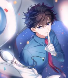 Rule 34 | 1boy, akiyoshi (tama-pete), blue background, blue eyes, blue shirt, brown hair, cape, commentary, confetti, dress shirt, finger to mouth, gloves, hair between eyes, hand up, hat, index finger raised, kaitou kid, long sleeves, looking at viewer, magic kaito, male focus, meitantei conan, messy hair, monocle, monocle chain, monocle removed, necktie, red necktie, shirt, short hair, shushing, smile, solo, unworn cape, unworn hat, unworn headwear, upper body, white cape, white gloves, white hat