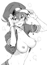 Rule 34 | 10s, 1girl, adjusting clothes, adjusting headwear, ae-3803, blush, breasts, daiji pt, gloves, greyscale, hat, hataraku saibou, highres, looking at viewer, medium breasts, monochrome, nipples, open clothes, open shirt, short hair, short sleeves, upper body