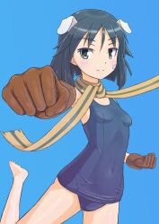 Rule 34 | 1girl, animal ears, black hair, blue background, blue one-piece swimsuit, blush, brave witches, breasts, brown gloves, closed mouth, covered navel, dog ears, gloves, grey eyes, highres, kanno naoe, keicha (kmoekaki), looking at viewer, one-piece swimsuit, scarf, shiny skin, short hair, simple background, small breasts, smile, solo, swimsuit, world witches series