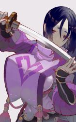 Rule 34 | 1girl, bad id, bad pixiv id, breasts, dress, fate/grand order, fate (series), grey background, holding, holding sword, holding weapon, huge breasts, kibadori rue, long hair, looking at viewer, minamoto no raikou (fate), purple dress, purple eyes, purple hair, smile, solo, sword, unsheathed, upper body, weapon