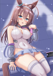 Rule 34 | 1girl, ahoge, animal ears, bare shoulders, blue eyes, blush, breasts, brown hair, cleavage, commentary request, covered navel, detached sleeves, ear ornament, grey leotard, grey skirt, grey thighhighs, hair between eyes, hair ornament, hairclip, highleg, highleg leotard, highres, horse ears, horse girl, horse tail, large breasts, leotard, long hair, long sleeves, looking at viewer, mihono bourbon (umamusume), miniskirt, necktie, open mouth, pink necktie, rio (lio yuzu), silver hairband, skirt, solo, tail, thighhighs, thighs, tile wall, tiles, umamusume