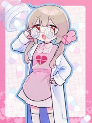 Rule 34 | &gt; &lt;, 1girl, adjusting eyewear, apron, collared dress, dress, glasses, hair ornament, hand on eyewear, hand on own hip, highres, kurumi sumire, lab coat, light brown hair, long hair, long sleeves, looking at viewer, low twintails, natori sana, open mouth, pill, pink apron, rabbit hair ornament, red eyes, sana channel, solo, standing, twintails, virtual youtuber, white dress