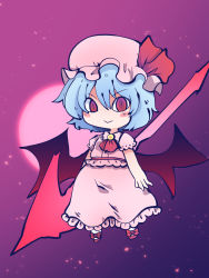 Rule 34 | 1girl, :&gt;, ascot, bat wings, blue hair, bow, chahan (fried rice0614), closed mouth, footwear bow, full body, full moon, gradient sky, hat, hat ribbon, highres, holding, holding polearm, holding weapon, looking at viewer, mob cap, moon, one-hour drawing challenge, outdoors, pink hat, pink shirt, pink skirt, polearm, purple sky, red ascot, red bow, red eyes, red footwear, red ribbon, remilia scarlet, ribbon, shirt, short hair, short sleeves, skirt, sky, smile, solo, spear the gungnir, touhou, v-shaped eyebrows, weapon, wings