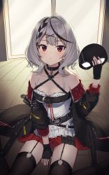 Rule 34 | 1girl, absurdres, ahoge, asymmetrical hair, bad id, bad twitter id, belt, between legs, black belt, black collar, black gloves, black hair, black jacket, black thighhighs, blush, braid, breasts, camisole, cleavage, closed mouth, collar, commentary, cowboy shot, expressionless, eye mask, fingerless gloves, french braid, frilled camisole, frills, garter straps, gloves, h9 99999, hair ornament, hand between legs, heart belt, heart collar, highres, holding, holding mask, hololive, jacket, looking at viewer, mask, unworn mask, medium breasts, medium hair, miniskirt, multicolored hair, nail polish, o-ring, o-ring legwear, open clothes, open jacket, pleated skirt, red eyes, red nails, red skirt, sakamata chloe, silver hair, single braid, sitting, skirt, solo, strap, streaked hair, studded belt, symbol-only commentary, thighhighs, two-sided fabric, two-sided jacket, two-tone hair, virtual youtuber, white camisole, wooden floor, x hair ornament