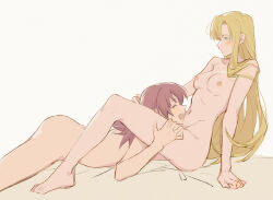 Rule 34 | 2girls, absurdres, blonde hair, blue eyes, blush, breasts, closed eyes, closed mouth, commentary, completely nude, english commentary, grey background, hand on another&#039;s head, hands on another&#039;s thighs, highres, imminent cunnilingus, kaleido star, layla hamilton, lying, multiple girls, naegino sora, nipples, nude, on stomach, open mouth, purple hair, rekari (rekari628), sitting, small breasts, smile, yuri