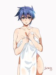 Rule 34 | 1girl, blue eyes, blue hair, blush, breasts, covering privates, dirty, dirty face, female focus, fire emblem, fire emblem: path of radiance, genderswap, genderswap (mtf), highres, ike (fire emblem), large breasts, looking at viewer, matching hair/eyes, naked towel, nintendo, nude cover, scar, short hair, simple background, solo, standing, towel, yajiro masaru