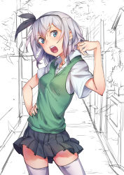 Rule 34 | 1girl, absurdres, blue eyes, breasts, hairband, highres, konpaku youmu, looking at viewer, open mouth, pg (pgouwoderen), pleated skirt, short hair, short sleeves, silver hair, skirt, small breasts, solo, thighhighs, touhou