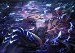 Rule 34 | 1girl, armpits, artist name, azomo, bare shoulders, black dress, black gloves, black headwear, black thighhighs, blue eyes, blue fire, blunt bangs, blush, breasts, center opening, covered navel, dress, elbow gloves, fate/grand order, fate (series), fire, fish, gloves, halo, hands on own chest, hands up, highres, knees up, large breasts, long hair, looking at viewer, lying, on back, plant, purple hair, solo, thighhighs, thighs, very long hair, water, yang guifei (fate), yang guifei (third ascension) (fate)