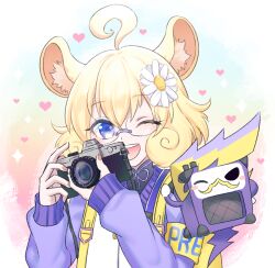 Rule 34 | 1girl, blonde hair, blue eyes, blue jacket, blush, camera, chinchilla ears, chinchilla girl, glasses, holding, holding camera, jacket, long sleeves, looking at viewer, mel6969, one eye closed, open mouth, rameca (show by rock!!), short hair, show by rock!!, smile, solo, teeth
