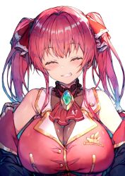 Rule 34 | 1girl, ^ ^, ascot, breasts, cleavage, closed eyes, hololive, houshou marine, large breasts, red ascot, red hair, redcomet, see-through, see-through cleavage, simple background, solo, twintails, upper body, virtual youtuber, white background