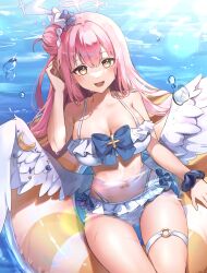 Rule 34 | 1girl, absurdres, angel wings, bikini, blue archive, bow, bow bikini, breasts, feathered wings, frilled bikini, frills, hair bun, hair ornament, hair scrunchie, halo, highres, innertube, large breasts, long hair, looking at viewer, low wings, mika (blue archive), mingo0011, multi-strapped bikini bottom, navel, o-ring, o-ring thigh strap, partially submerged, pink hair, scrunchie, sitting, smile, solo, swim ring, swimsuit, thigh strap, water, white bikini, white wings, wing ornament, wings, wrist scrunchie, yellow eyes