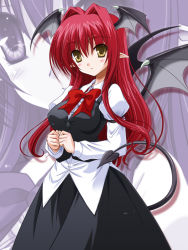 Rule 34 | 1girl, blush, demon tail, demon wings, female focus, head wings, koakuma, long hair, pointy ears, red hair, shirt, smile, solo, tail, touhou, untucked shirt, wings, yamu (reverse noise), yellow eyes, zoom layer