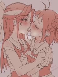 Rule 34 | 10s, 2girls, ahoge, blush, closed eyes, commentary request, dated, double bun, forehead protector, french kiss, from side, hair bun, hair ribbon, jintsuu (kancolle), kantai collection, kiss, koruri, long hair, looking at another, monochrome, multiple girls, naka (kancolle), parted bangs, profile, remodel (kantai collection), ribbon, saliva, short hair, short sleeves, signature, sketch, tongue, tongue out, twitter username, yuri