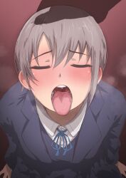 Rule 34 | 1girl, absurdres, blush, bow, bowtie, charybdo, closed eyes, ear blush, from above, full-face blush, grey hair, hand on another&#039;s head, highres, huge filesize, idolmaster, idolmaster cinderella girls, open mouth, otokura yuuki, school uniform, solo focus, tagme, tomawarinosuizou, tongue, tongue out, waiting for cum