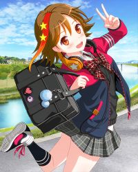 Rule 34 | 1girl, :d, absurdres, bad id, bad pixiv id, bag, bag charm, black shirt, black socks, blue sky, bow, brown hair, charm (object), cloud, day, hair ornament, headphones, headphones around neck, highres, holding, holding bag, idol wars z, jacket, jpeg artifacts, looking at viewer, multicolored hair, open mouth, outdoors, plaid, plaid bow, plaid skirt, red bow, red hair, school bag, school uniform, shirt, shoes, short hair, skirt, sky, smile, sneakers, socks, star (symbol), star hair ornament, streaked hair, third-party source, twisted torso, v, water, yaotome fuka