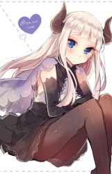 Rule 34 | 1girl, black dress, black gloves, black thighhighs, blue eyes, blunt bangs, capelet, dress, elbow gloves, gloves, heart, horns, ikeuchi tanuma, legs together, long hair, looking at viewer, original, out of frame, silver hair, sitting, solo, thighhighs