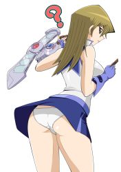 Rule 34 | 1girl, ass, breasts, butt crack, duel disk, female focus, gloves, highres, large breasts, lipstick, long hair, makeup, panties, simple background, skirt, solo, straw (yokubou hiroba), tenjouin asuka, thighs, underwear, upskirt, white background, white panties, yu-gi-oh!