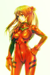 Rule 34 | 1girl, backlighting, blue eyes, bodysuit, bracer, cowboy shot, curvy, dorayuki, gloves, hair ornament, hand on own hip, light smile, long hair, looking to the side, neon genesis evangelion, orange hair, pilot suit, plugsuit, red bodysuit, simple background, smile, solo, souryuu asuka langley, standing, twintails, two side up, white background, wide hips