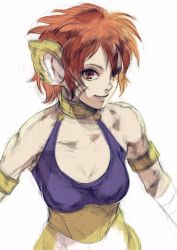 Rule 34 | 1girl, animal ears, artist request, breasts, breath of fire, breath of fire ii, capcom, cat ears, closed mouth, facial mark, highres, looking at viewer, pointy ears, red hair, rinpoo chuan, short hair, simple background, smile, solo, white background
