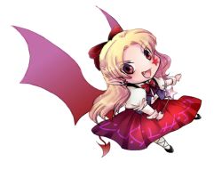 Rule 34 | 1girl, blonde hair, bow, demon girl, demon tail, demon wings, earrings, elis (touhou), facepaint, fang, hair bow, jewelry, mad-tuna, muutzi, pointy ears, red eyes, solo, star (symbol), tail, touhou, touhou (pc-98), wand, wings