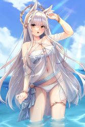 Rule 34 | 1girl, :o, absurdres, animal ears, arknights, bandeau, bare shoulders, bikini, blue sky, cloud, commentary, cowboy shot, criss-cross halter, day, gluteal fold, halterneck, highres, horse ears, laurel crown, long hair, looking at viewer, nameko houshi, navel, official alternate costume, open mouth, outdoors, platinum (arknights), platinum (shimmering dew) (arknights), sky, solo, standing, stomach, swimsuit, thighs, very long hair, wading, water, white bikini, white hair, yellow eyes