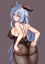 Rule 34 | 1girl, absurdres, artist request, ass, ass grab, bare shoulders, blue hair, blush, bodysuit, breasts, cameltoe, covered erect nipples, deep skin, from behind, ganyu (genshin impact), genshin impact, highres, horns, huge ass, huge breasts, leotard, long hair, looking at viewer, looking back, open mouth, pantyhose, purple eyes, shiny clothes, shiny skin, sideboob, skin tight, solo, very long hair