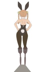 Rule 34 | 1girl, absurdres, amputee, animal ears, ass, bare shoulders, black leotard, black pantyhose, blonde hair, commentary, contrapposto, detached collar, fake animal ears, fake tail, from behind, green ribbon, hair ribbon, hands on own hips, highres, ibarazaki emi, katawa shoujo, leotard, medium hair, pantyhose, playboy bunny, prosthesis, prosthetic leg, rabbit ears, rabbit tail, ribbon, simple background, solo, symbol-only commentary, tail, thigh gap, twintails, white background, zlix0n