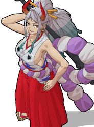 Rule 34 | 1girl, bare arms, bare shoulders, breasts, curled horns, earrings, green hair, hair ornament, hair stick, hand on own hip, horns, japanese clothes, jewelry, kimono, large breasts, lol (harikofu), long hair, looking at viewer, multicolored hair, multicolored horns, one piece, oni, red horns, rope, sandals, standing, yamato (one piece)
