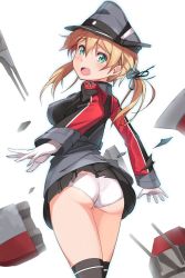 Rule 34 | 10s, 1girl, ass, blonde hair, blush, cross, gloves, green eyes, hat, highres, iron cross, kantai collection, long hair, looking at viewer, looking back, michairu, military, military uniform, open mouth, panties, peaked cap, prinz eugen (kancolle), simple background, skirt, solo, thighhighs, torn clothes, twintails, underwear, uniform, white gloves, white panties