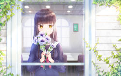 Rule 34 | 1girl, anemone (flower), bad id, bad pixiv id, blue shirt, blurry, blurry background, blush, brown eyes, brown hair, chair, closed mouth, commentary, day, depth of field, english commentary, flower, from outside, holding, holding flower, long hair, long sleeves, lunacle, original, red neckwear, sailor collar, school uniform, serafuku, shirt, smile, solo, sunlight, table, upper body, very long hair, white sailor collar, window