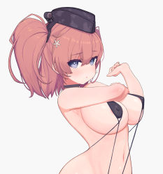 Rule 34 | 1girl, :o, arched back, areola slip, atlanta (kancolle), black choker, black hat, black one-piece swimsuit, blue eyes, blush, breasts, brown hair, choker, covered erect nipples, earrings, garrison cap, grey background, hat, headgear, highres, jewelry, kantai collection, large breasts, long hair, one-piece swimsuit, open mouth, rose neru, simple background, single earring, slingshot swimsuit, solo, star (symbol), star earrings, stretching, swimsuit, two side up, upper body