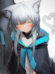 Rule 34 | 1girl, 1other, absurdres, ambiguous gender, animal ear fluff, animal ears, arknights, black cloak, blush, cat ears, cat girl, cat tail, cloak, clothes writing, commentary, covered collarbone, cowboy shot, doctor (arknights), dress, green eyes, grey hair, heart, heart tail, highres, hood, hood down, hooded cloak, long hair, rosmontis (arknights), simple background, sitting, sleeveless, sleeveless dress, smile, solo focus, tab head, tail, white background, white dress