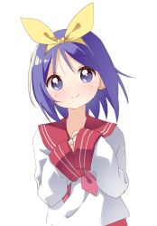 Rule 34 | bow, bow hairband, bowtie, commentary request, hairband, haru (konomi 150), headband, highres, hiiragi tsukasa, light blush, long sleeves, looking at viewer, lucky star, purple eyes, purple hair, red bow, red bowtie, red sailor collar, sailor, sailor collar, school uniform, serafuku, shirt, short hair, simple background, smile, upper body, white background, white shirt, yellow hairband, yellow headband
