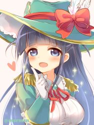 Rule 34 | 10s, 1girl, :d, bad id, bad pixiv id, black hair, blue eyes, blush, bow, breasts, brown background, collared shirt, commentary request, epaulettes, feathers, frilled shirt collar, frills, gloves, green hat, hand up, hat, hat bow, hat feather, heart, index finger raised, large breasts, long hair, looking at viewer, mashiro miru, neck ribbon, official alternate costume, open mouth, red bow, red ribbon, ribbon, shirt, shoujo kageki revue starlight, shoujo kageki revue starlight -re live-, simple background, smile, solo, sparkle, tsuyuzaki mahiru, twitter username, two side up, upper body, very long hair, white feathers, white gloves, white shirt, witch hat