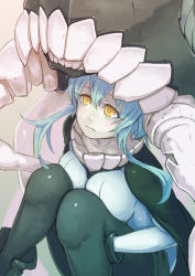 Rule 34 | 10s, 1girl, abyssal ship, black gloves, blue hair, bodysuit, breast press, breasts, gloves, hat, kantai collection, large breasts, hugging own legs, long hair, pale skin, solo, wo-class aircraft carrier, yellow eyes, yuuji (and)