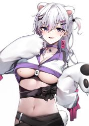 Rule 34 | 1girl, absurdres, animal ears, animal hands, bara (03 bara ), blush, breasts, crop top, gloves, hair between eyes, hair ornament, hairclip, hand up, highres, indie virtual youtuber, large breasts, long hair, looking at viewer, midriff, mole, mole on breast, multicolored hair, navel, one side up, open mouth, paw gloves, pink hair, purple eyes, purple hair, silver hair, simple background, smile, solo, streaked hair, underboob, virtual youtuber, white background, x hair ornament, xiho (vtuber)