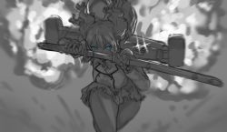 Rule 34 | 1girl, blue eyes, breasts, explosion, greyscale, holding, holding sword, holding weapon, kantai collection, kashima (kancolle), katana, large breasts, long hair, monochrome, rigging, sheath, sketch, skirt, solo, sparkle, spot color, sword, tsukira (amayadori), twintails, unsheathing, weapon