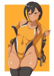 Rule 34 | 1girl, black hair, black thighhighs, blonde hair, blue eyes, border, breasts, commentary request, competition swimsuit, covered navel, dark-skinned female, dark skin, heterochromia, highleg, highleg swimsuit, highres, jacket, leaning to the side, looking at viewer, multicolored clothes, multicolored hair, multicolored jacket, namamii, one-piece swimsuit, orange background, orange one-piece swimsuit, original, small breasts, solo, streaked hair, swimsuit, thighhighs, two-tone background, two-tone hair, two-tone jacket, white border, yellow eyes