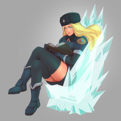 Rule 34 | 1girl, aqua eyes, black hat, black thighhighs, blue footwear, blue gloves, boots, chair, commentary, crossed legs, dress, english commentary, fur hat, fur trim, gloves, grey background, hat, highres, ice, kolin, long sleeves, looking at viewer, open mouth, quasimodox, russian clothes, short dress, solo, street fighter, street fighter v, thick thighs, thighhighs, thighs, ushanka, zettai ryouiki