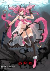 Rule 34 | 1girl, absurdres, arm up, black panties, black thighhighs, fingerless gloves, gloves, highres, lace, lace-trimmed panties, lace trim, legs, long legs, panties, pink hair, pixiv fantasia, pixiv fantasia wizard and knight, realmbw, red eyes, see-through, solo, thighhighs, thighs, twintails, underwater, underwear