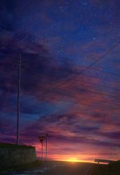 Rule 34 | blue sky, highres, mks, no humans, original, outdoors, power lines, road sign, scenery, sign, sky, star (sky), starry sky, stop sign, utility pole
